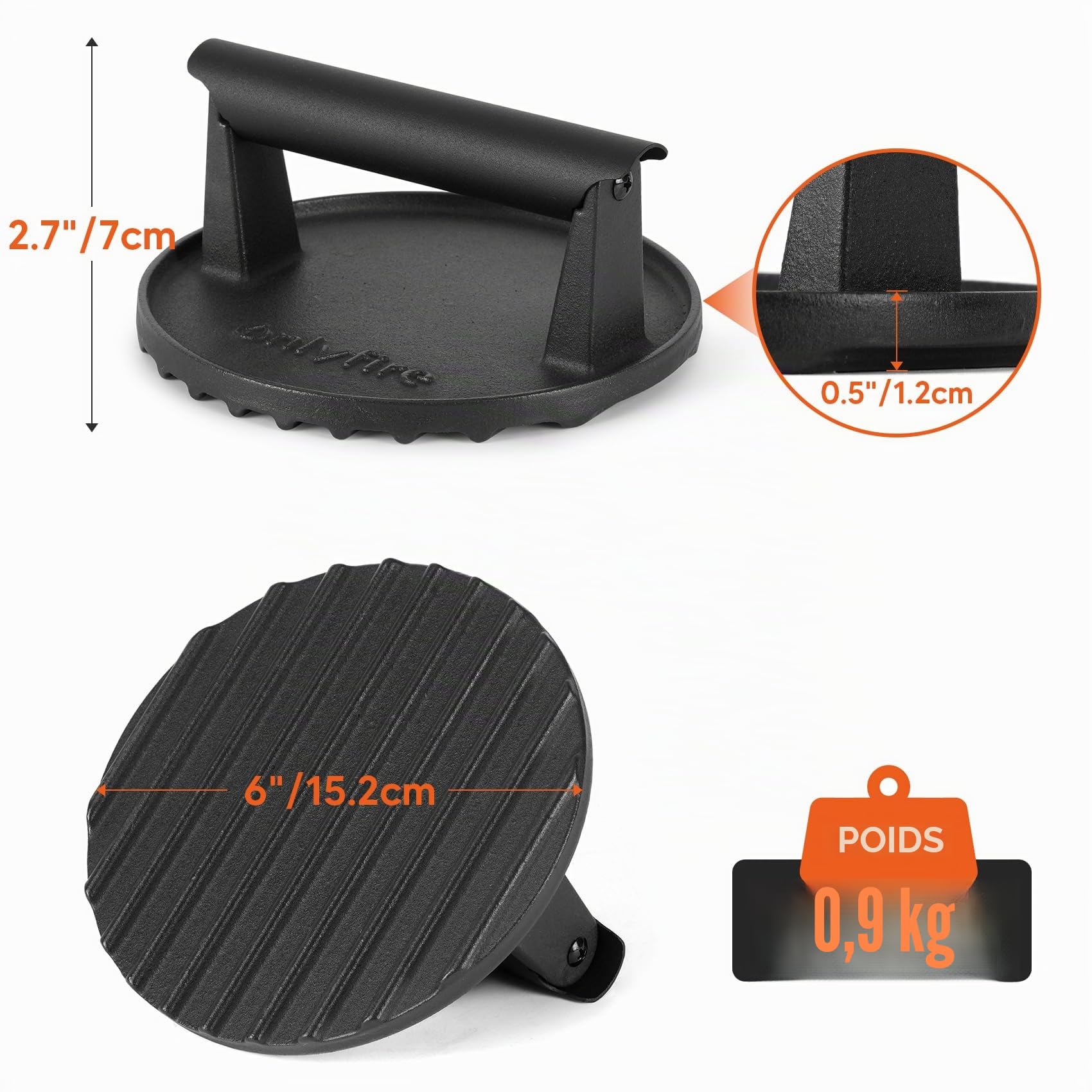onlyfire Presse Burger en Fonte, Presse Steak Haché Smash Hamburger Rond de 15.2 cm, Professionnelle Accessoire pour Barbecue