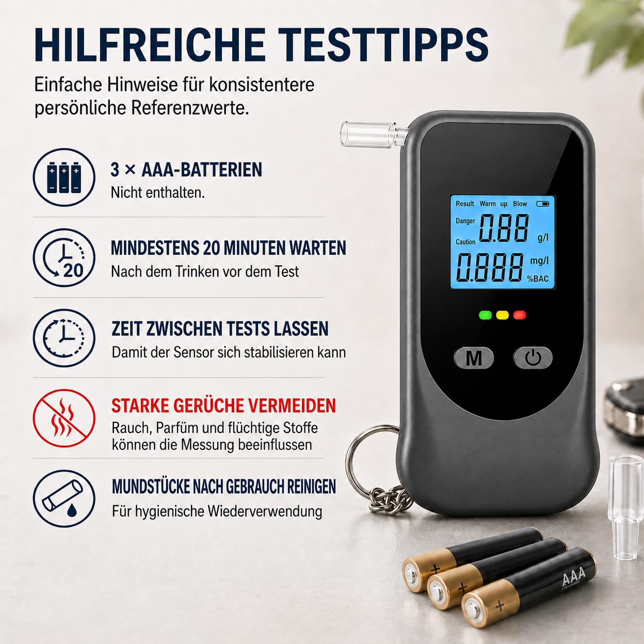 Alkoholtester, Breathalyzer mit 20 Mundstücken, Speicher und Schlüsselring