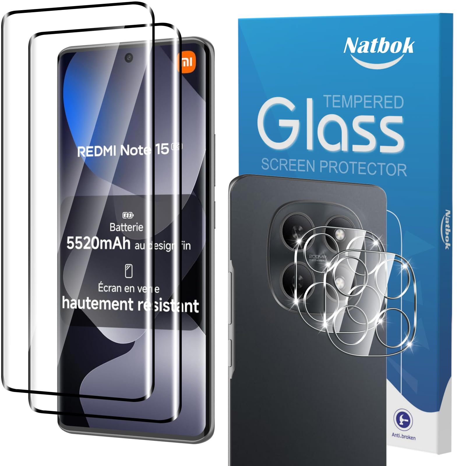 3D Verre Trempé pour Xiaomi Redmi Note 15 5G, 2+2 Pièces Protection d'écran avec Caméra Arrière Protecteur Sans Bulles Anti-Rayures HD Transparent Facile à Installer