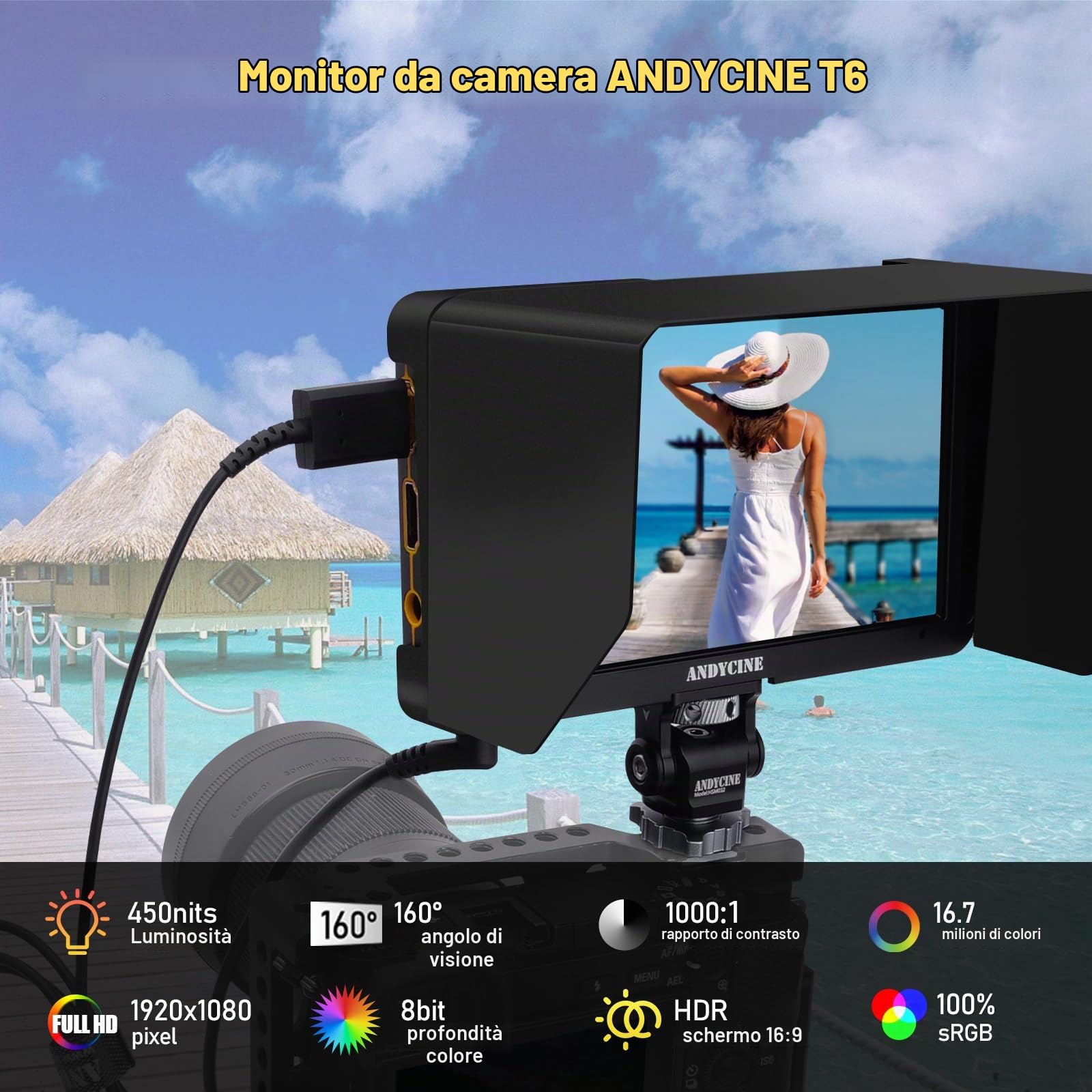 ANDYCINE T6 6Inch Monitor Fotocamera Alluminio Shell 4K 60Hz HDMI HDR 1920x1080 Tutte le forme d'onda, 3D Lut con Batteria e Custodia