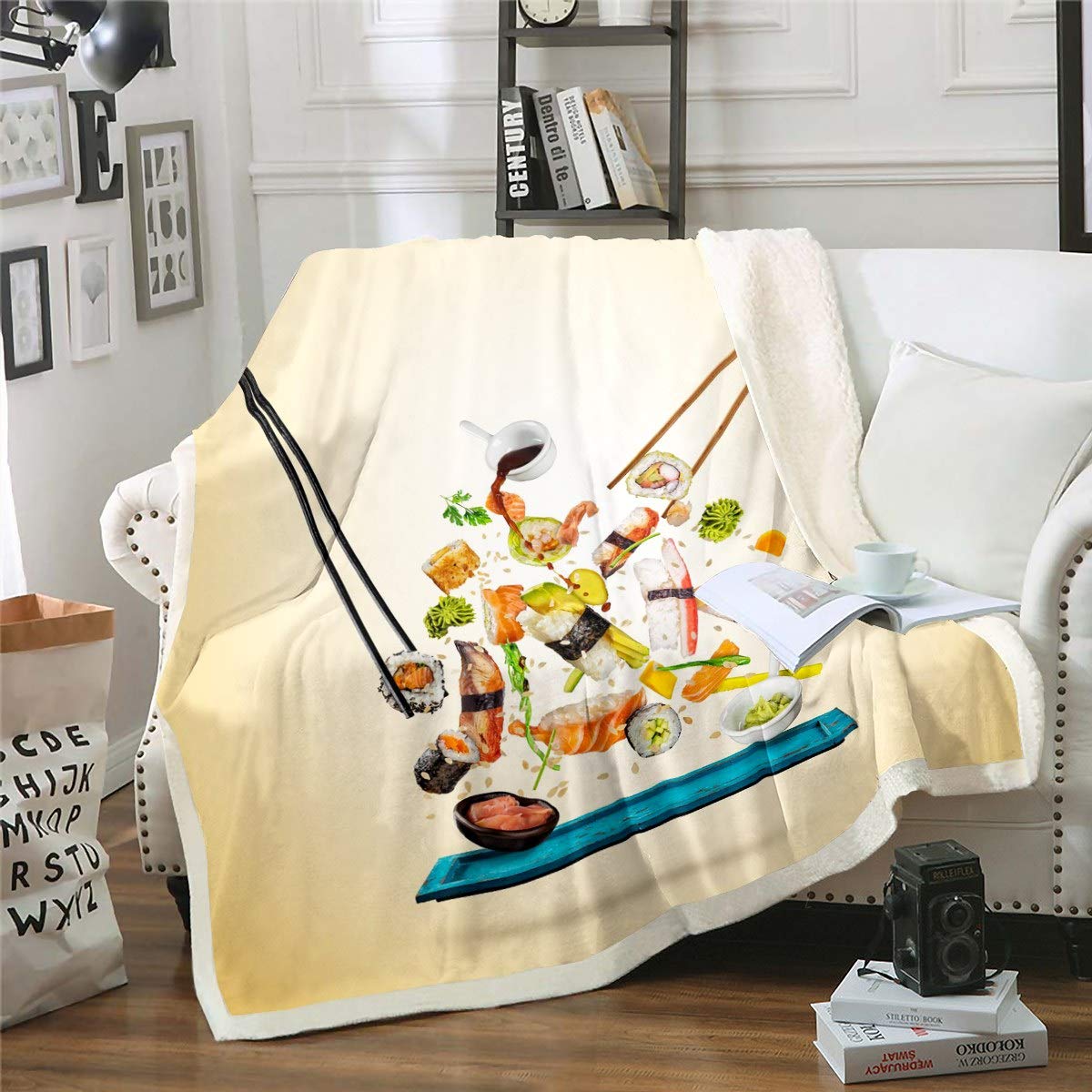 Coperta in pile per sushi,in giapponese,per alimenti,per bambini,adulti,per sushi,sushi,sherpa,kawaii,salmone,tempura,caviale,coperta sfocata,per la camera da letto,200 x 220 cm
