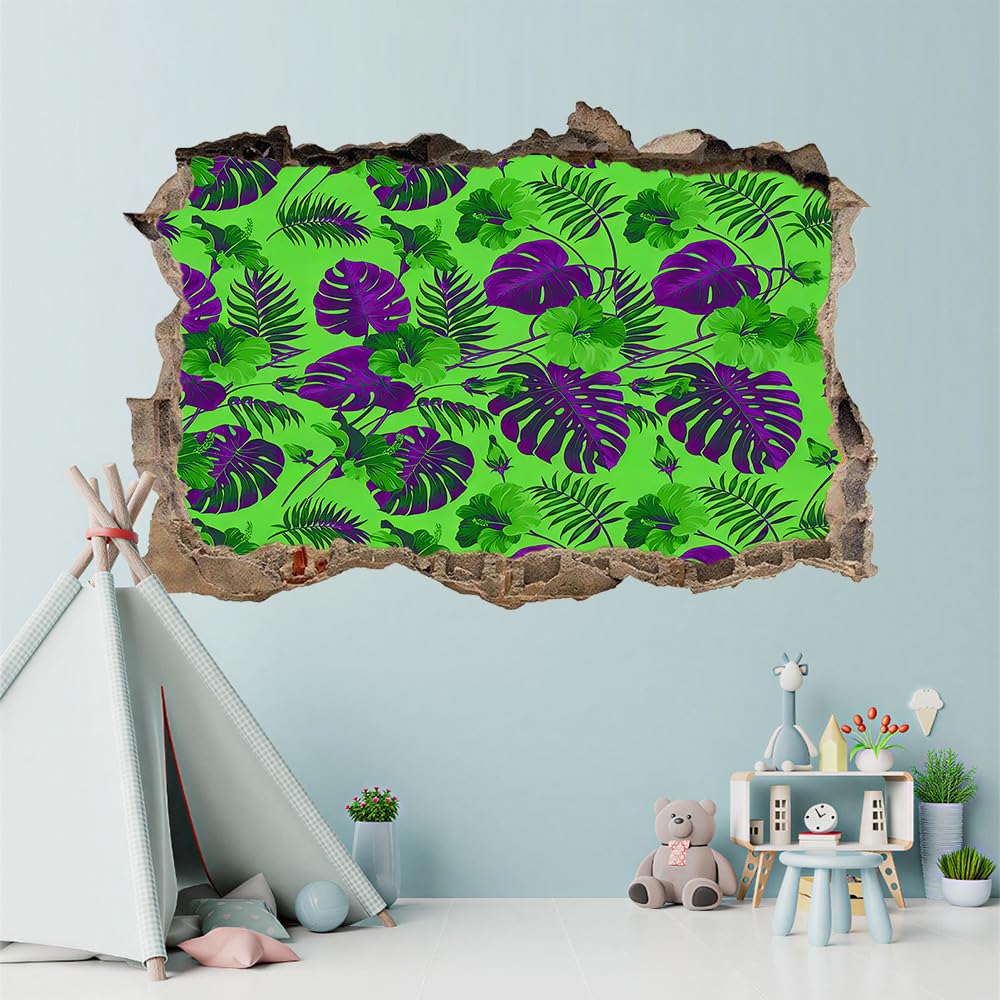 3D Wandtattoo Wanddurchbruch, Palmenblätter Durchbruch Wandaufkleber für Kinderzimmer, sticker für Wohnzimmer, Tropische Pflanzen, Grün Und Lila Wandsticker, Wandbild Junge Mädchen Schlafzimmer