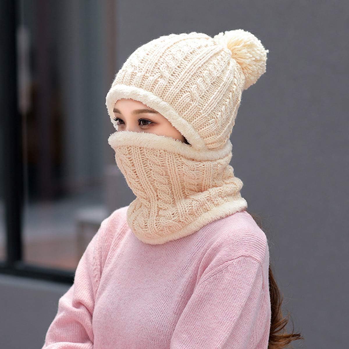 HUAMULAN Women Winter Beanie Hats One Piece Fleece Lined Knit Balaclavas Mask Set Skull Neck Circle Scarf Ski Snow Hat Pompom - Image 6