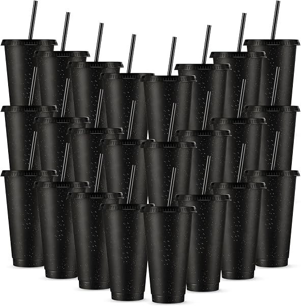 Amyhill 24 Pcs Reusable Cups with Lids and Straws 24 oz Glitter Iced Coffee Tumbler Plastic Travel Mug Cup for Smoothie 