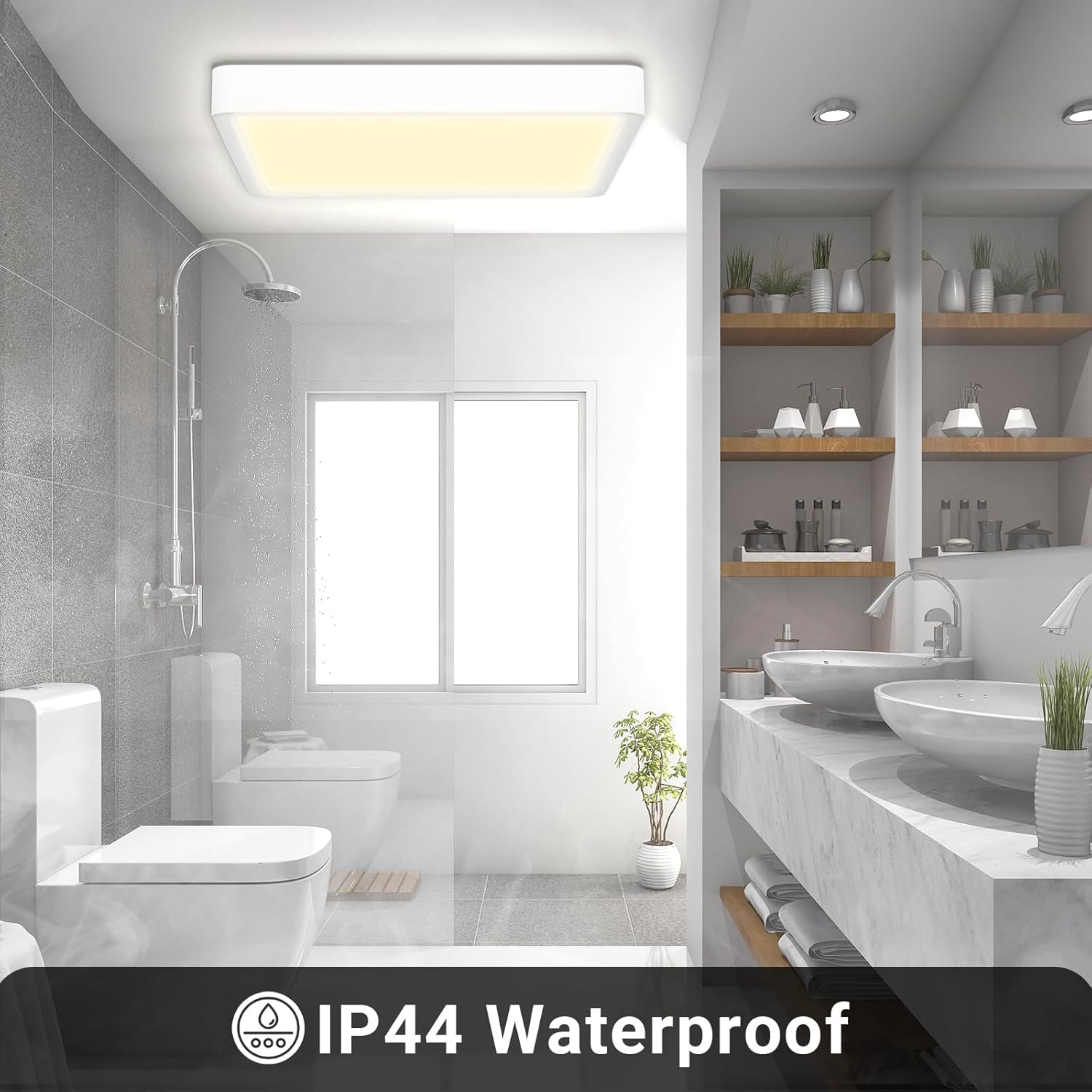 LQWELL LED Ceiling Light installed in a bathroom, highlighting its IP44 waterproof feature.