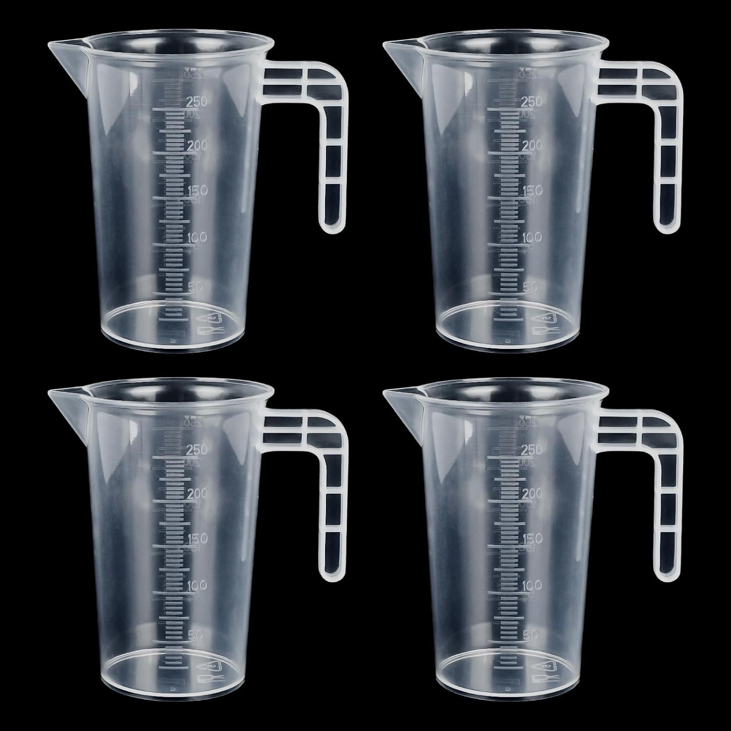 4 kubki z miarką 250 ml, kubki do miksowania, kubki do koktajli, odporne na wysokie temperatury tworzywo sztuczne PP, szczelny nalewak w kształcie litery V, antypoślizgowy uchwyt, do