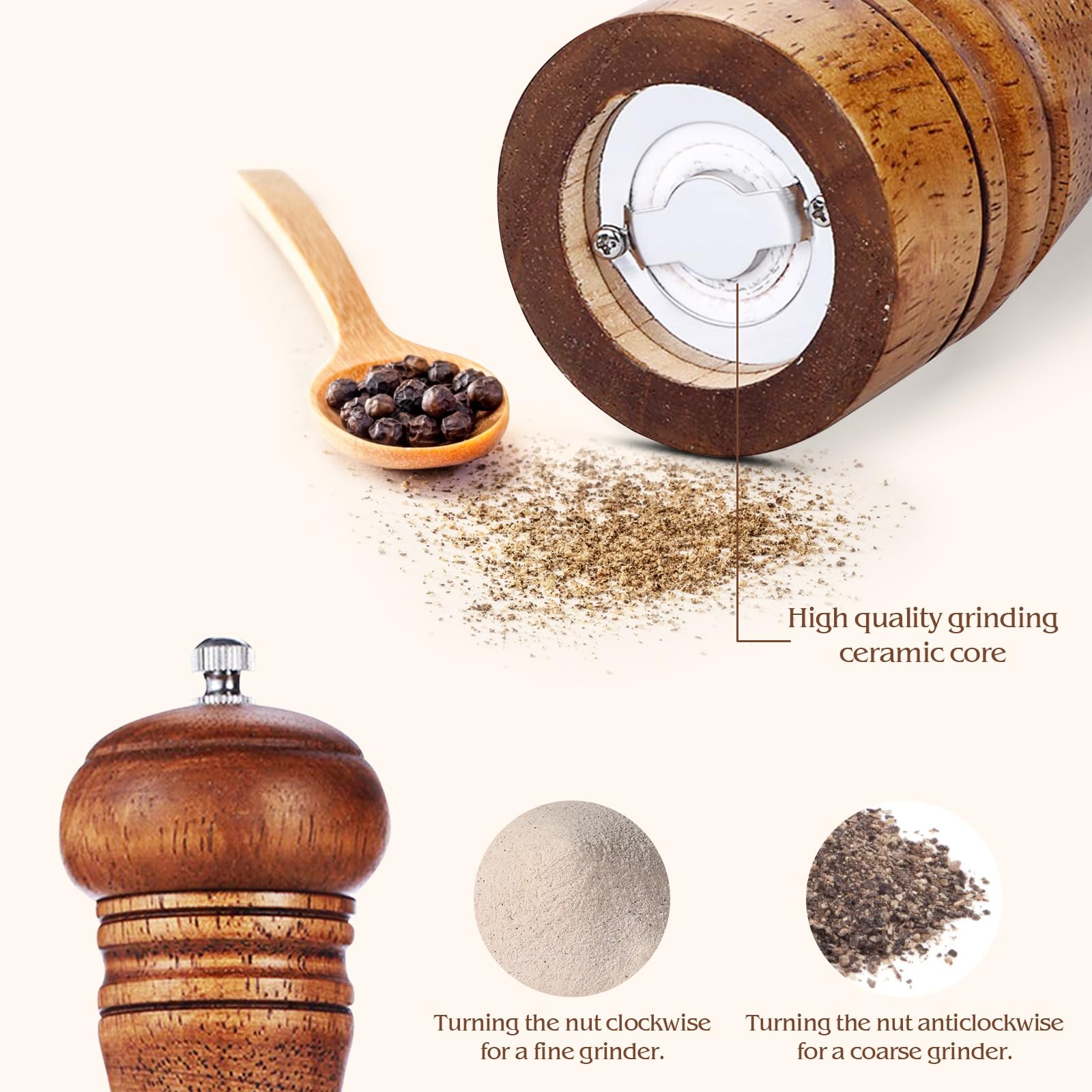 8 Inch Wood Pepper Grinder Pepper Mill,Adjustable Coarseness Wooden Peppermill, Retro Style Ceramic Grinding Mechanism Salt Mill Refillable — Amazon image 3