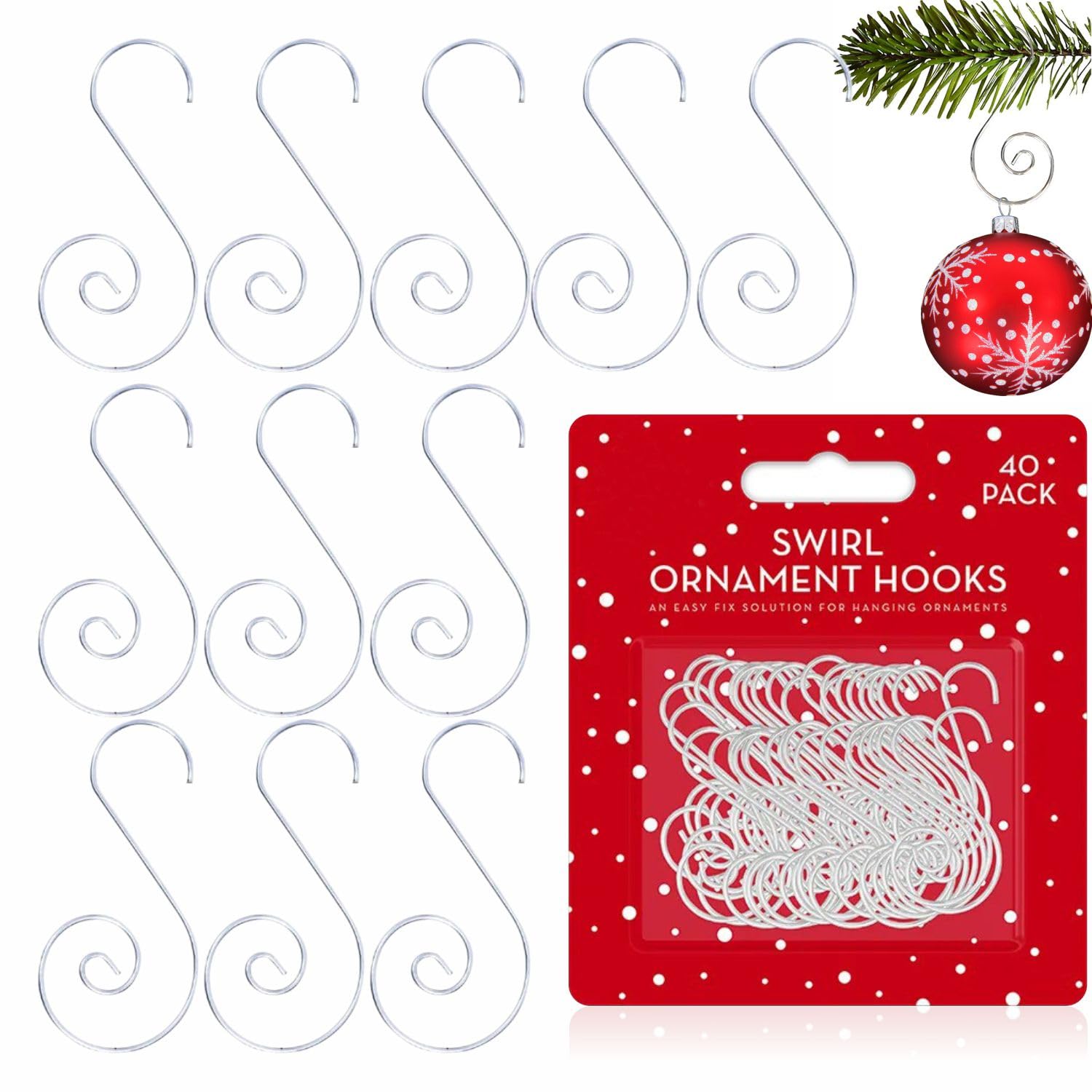 Ma Nasir Silver Swirl Ornament Hooks 40 Pack Metal Hanging Christmas Tree Decoration Hooks For Baubles Lights Wreaths & Ornaments Reusable Wire Hangers For Xmas Easter & Halloween Décor