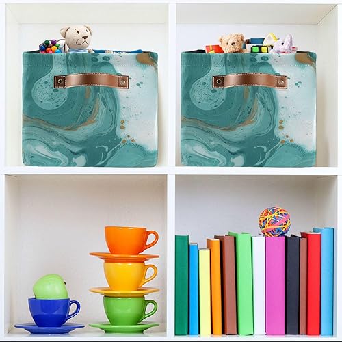 Miniatura 6 de Canasta de almacenamiento grande decorativa de tela con estampado de mármol turquesa, para juguetes, ropa, oficina en casa (15 x 11 x 9.5 pulgadas)