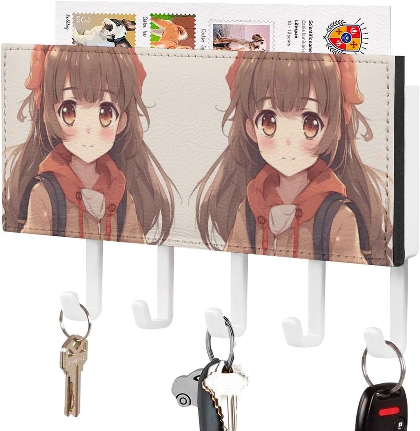 Holder Wall-Mounted Key and Mail Holder, Japan Anime Printed Adhesive Key Rack with 5Key Hooks, Easy to Install Mail Organizer for Entryway, Front Door, Hallway, Office