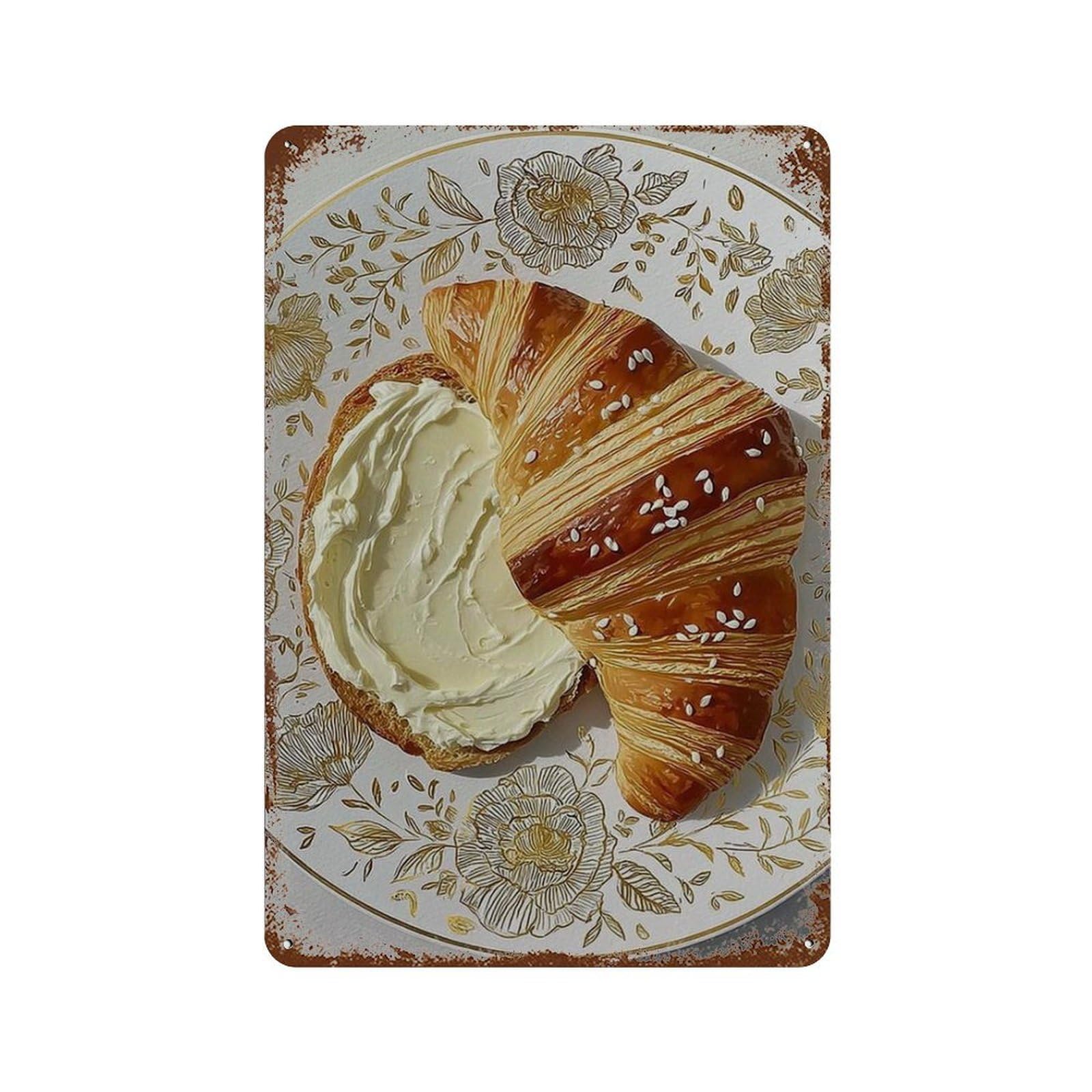 xiaoxiaoshen Croissant Kitchen Bakery Food French Pastry Rustic Cafe Breakfast Dining Room Wall Decor Art Metal Tin Poster Modern Home Decor Art Home Bar Shop Decorations Vintage Sign 30x20cm