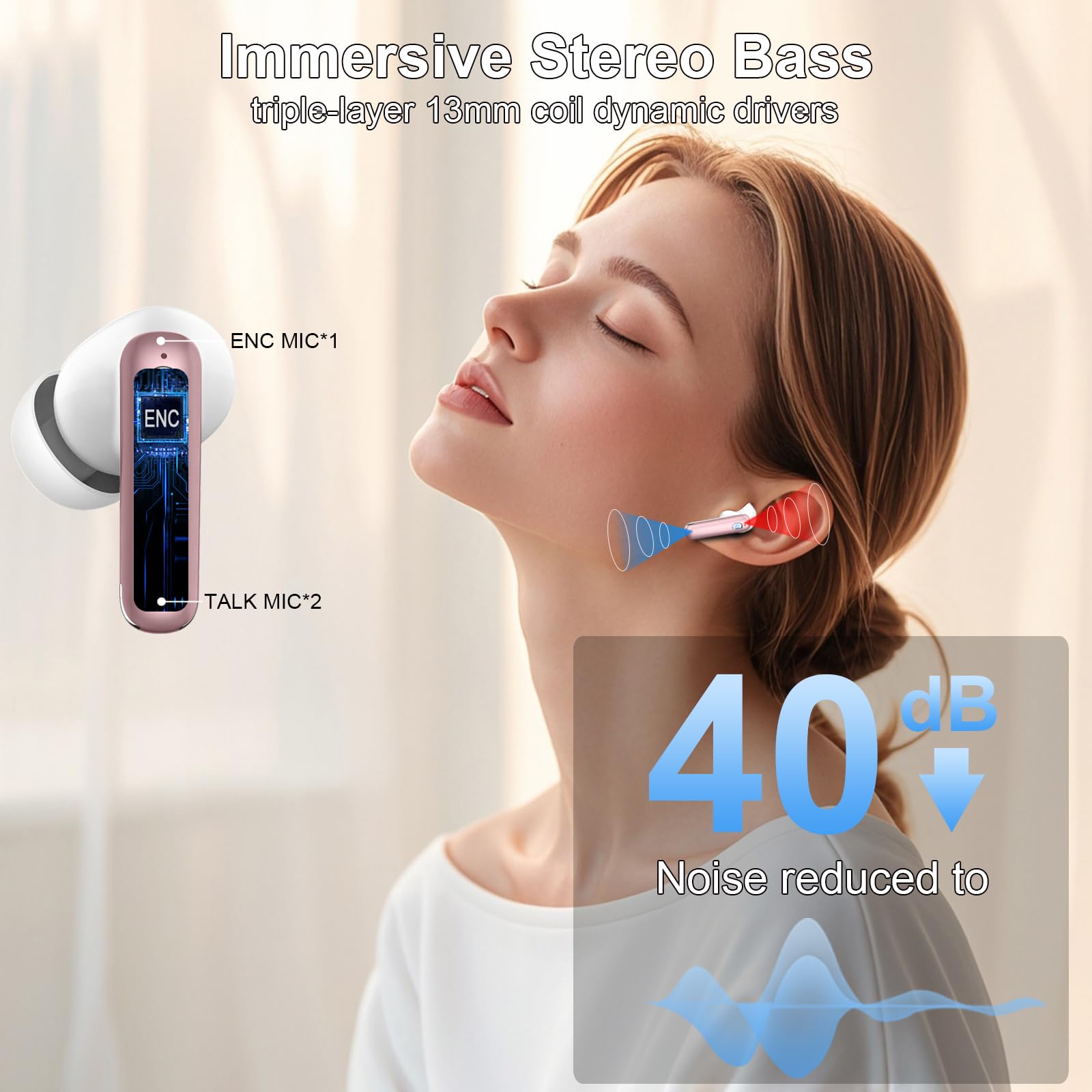 Cuffie Bluetooth, Auricolari Bluetooth 5.4 con 4 ENC Mic, 2025 Cuffiette Bluetooth In Ear Stereo HiFi, 45 Ore Cuffie Senza Fili con LED Display, Cancellazione Rumore , IP7 Impermeabili, Touch Control