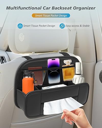 Miniatura 3 de FLORICH Organizador de asiento trasero de automóvil 5 en 1, bolsillo de almacenamiento de cuero premium con soporte para tazas, soporte plegable