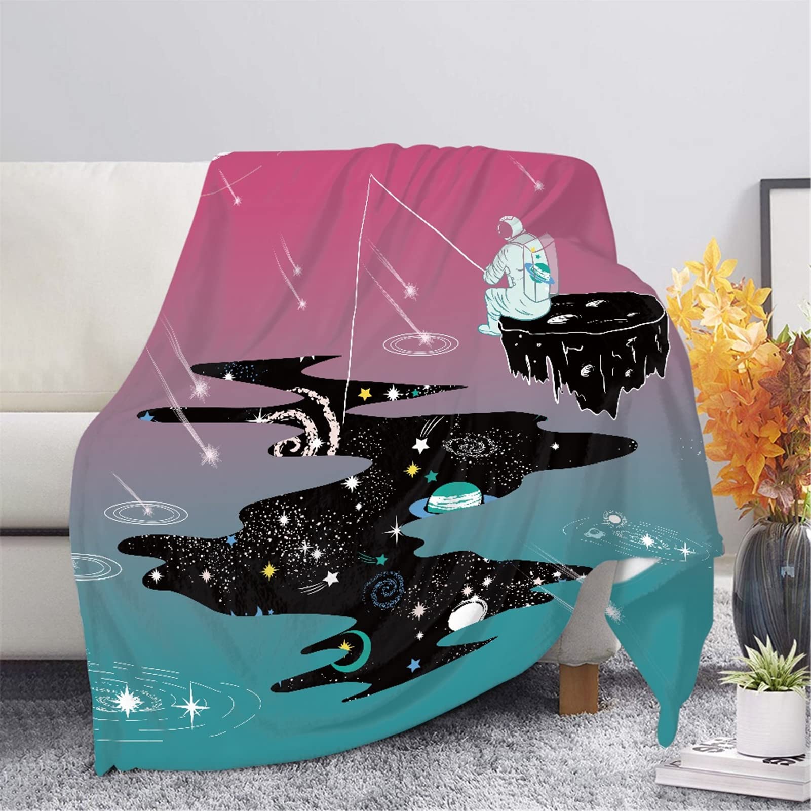 Showudesigns Galaxy Astronaut Throw Blanket 60x80 inch Cozy Flannel Plush Micro Fleece Blanket for Kids Boys Girls Throw Blankets Aqua Pink — image 1