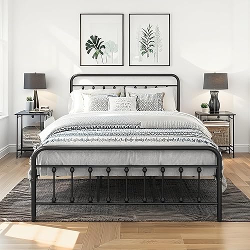 Metal Bed Frame with Vintage Headboard and Footboard, Premium Stable