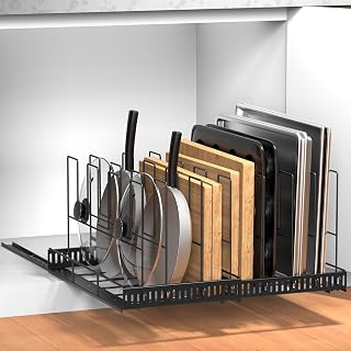 Housolution Pull Out Large Baking Tray and Cookie Sheet Organizer, 13"-22" Width Expandable Cutting Board Organizer with 8 Adjustable Dividers, 20" Deep Bakeware Muffin Pan Storage Rack for Cabinet
