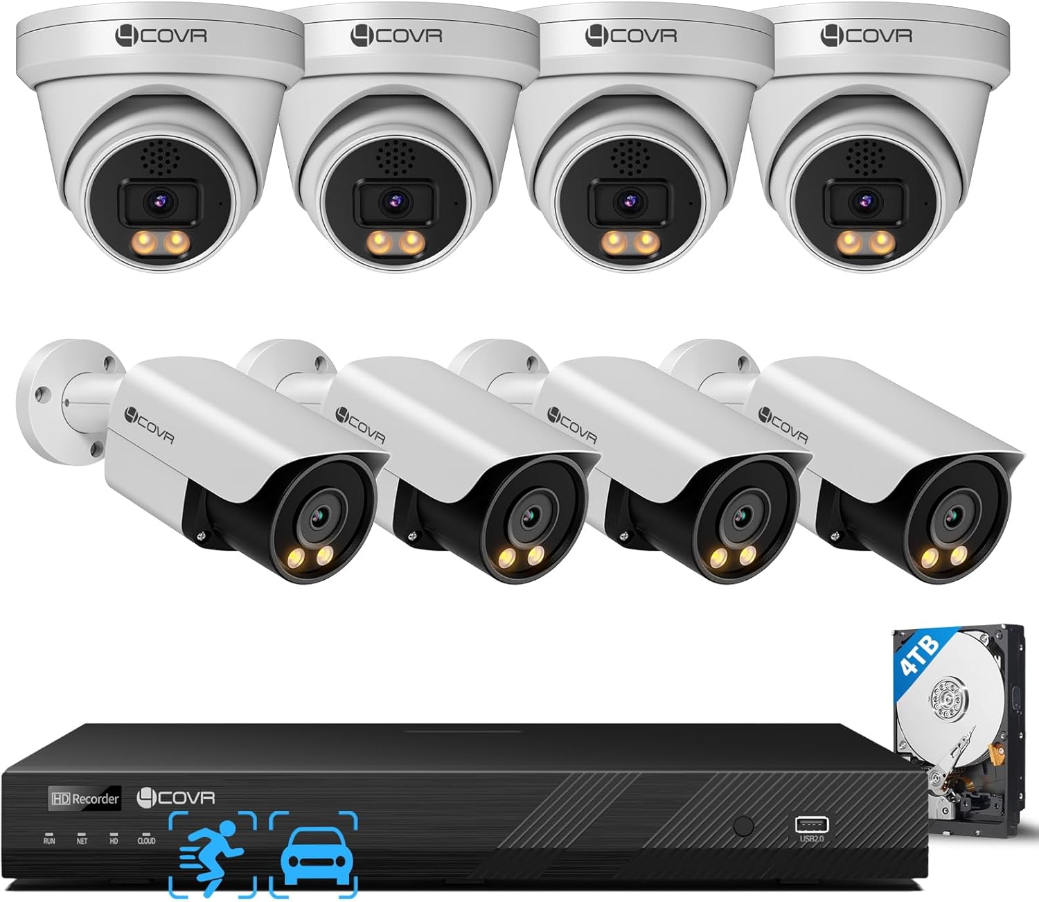 4COVR 16 Channel PoE Security Camera System, 2-Way Audio Talk, Person Vehicle Detection & Smart Color Night Vision, 4K HD 4TB NVR for Businesses, 4 Dome 4 Bullet 5MP Wired IP Camera IP67, LYH37Y5M1608