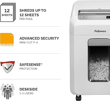 Fellowes 12 Sheet Paper Shredder for Office - Mini Cut Shredder with Auto Reverse & SafeSense Technology - Powershred 12Ms Office Shredder with 23L Pull-Out Bin - DIN Level P4 -