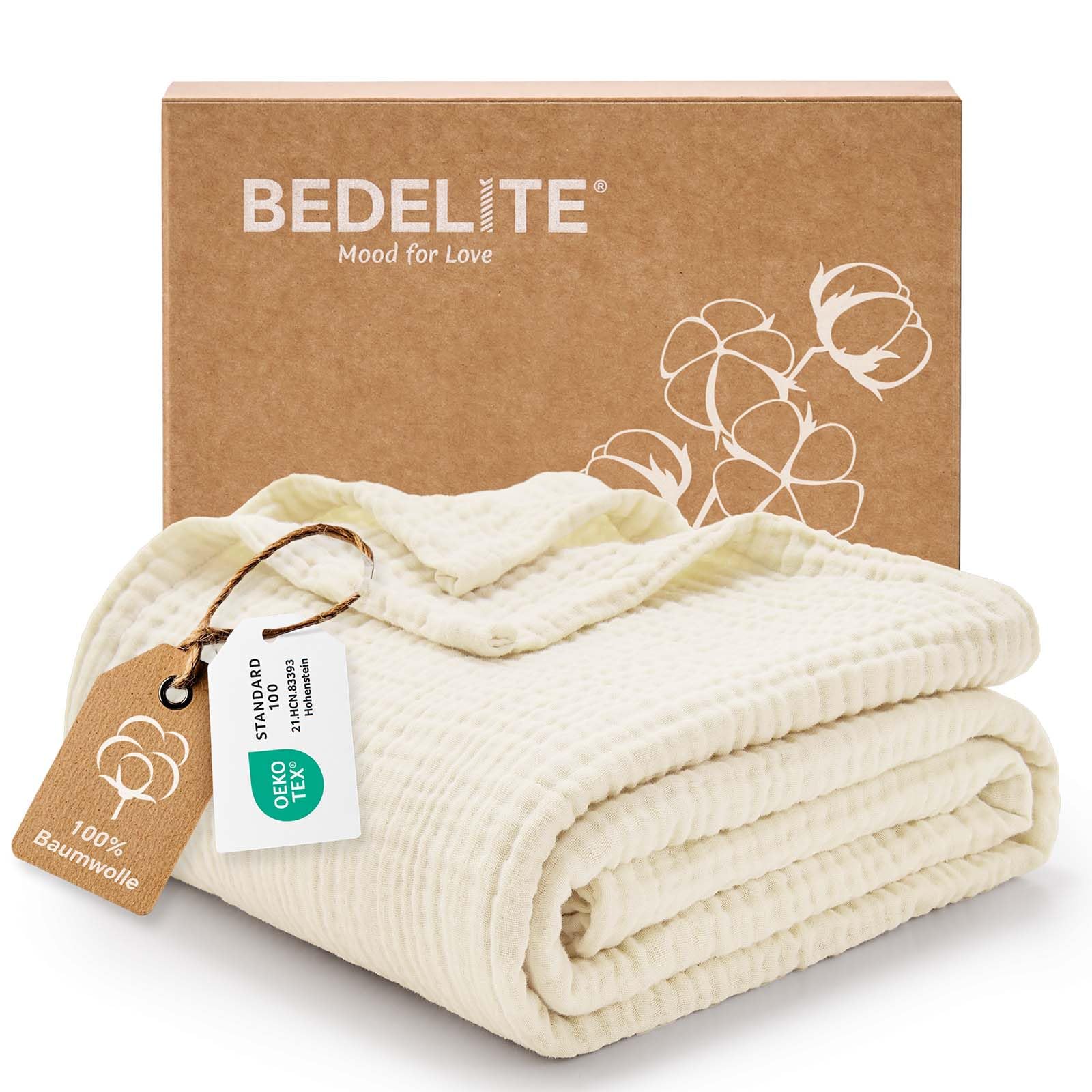 BEDELITE Musselin Decke 150 x 200 cm Baumwolle atmungsaktive Sommer Tagesdecke Kuscheldecke Überwurf Creme