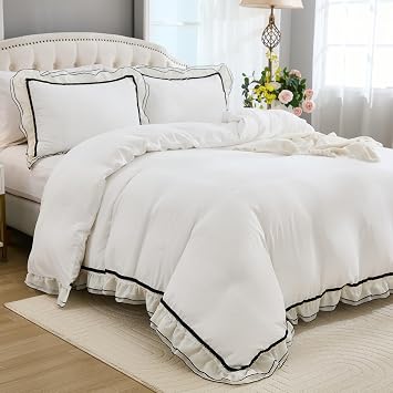 Herside White Ruffle Comforter Set Queen Size,Pompoms Shabby Chic Cute Boho Bedding Sets,Fluffy Coquette Cute Comforter Sets for All Season,Vintage Bedding Lightweight Set for Women Girls Room Decor