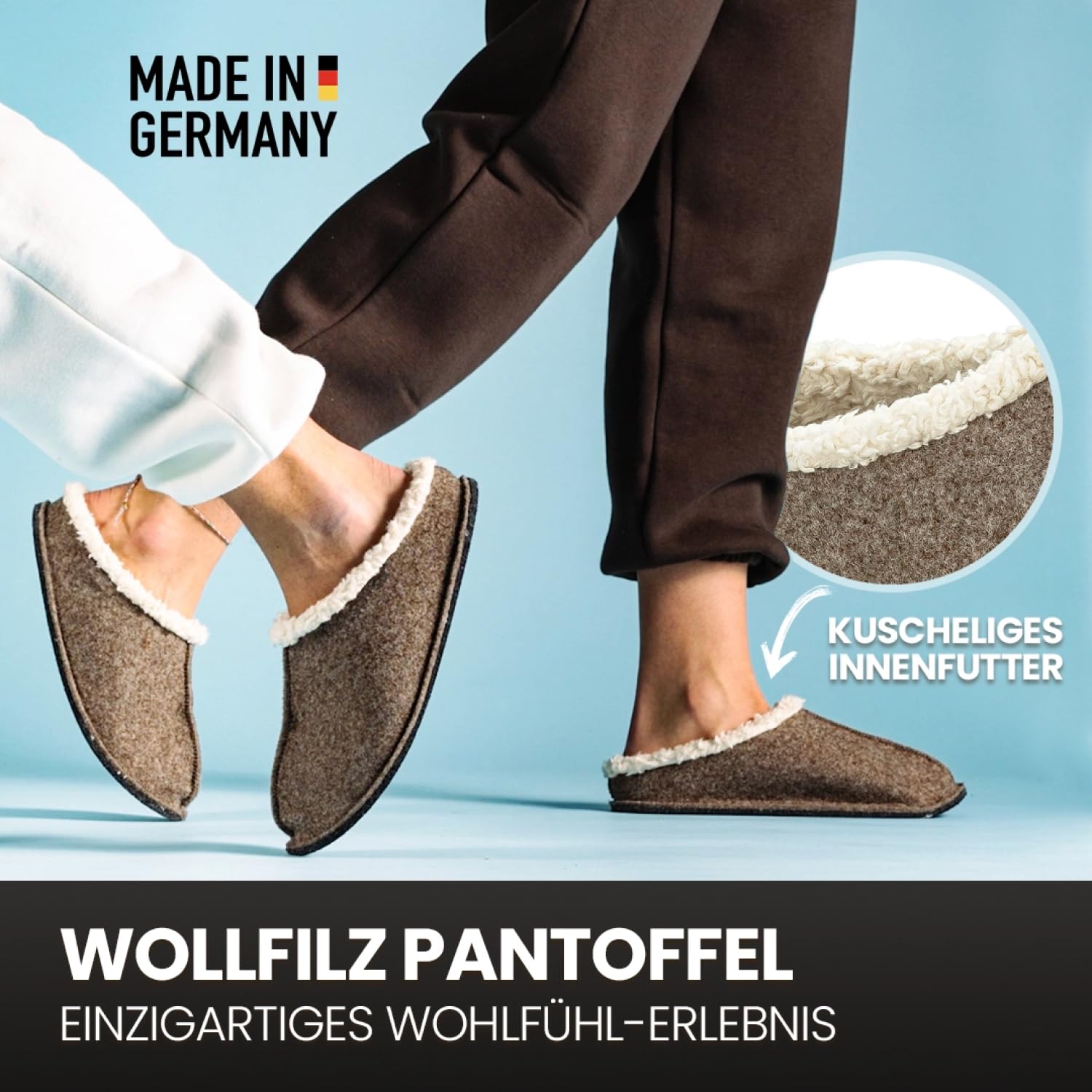 Wollfilz Kuschel Filzpantoffeln Damen - Made in Germany - Plüsch Hausschuhe Filzhausschuhe für Damen & Herren mit Bio Baumwolle inklusive Einlegesohle und rutschhemmender Außensohle