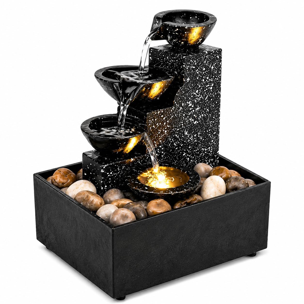 Stone Finish 3-Level Tabletop Water Fountain with LED Light & Natural Pebbles | Indoor Cascading Waterfall for Home Decor, Office Desk, Meditation, Spa, Yoga & Relaxation-image-5