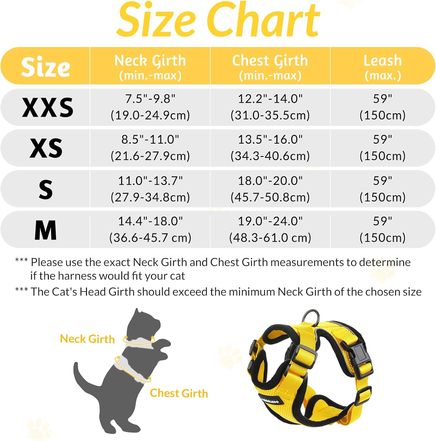 rabbitgoo Cat Harness and Leash for Walking, Escape Proof Soft Adjustable Vest Harnesses for Cats, Easy Control Breathable Reflective Strips Jacket, Yellow, S S Yellow