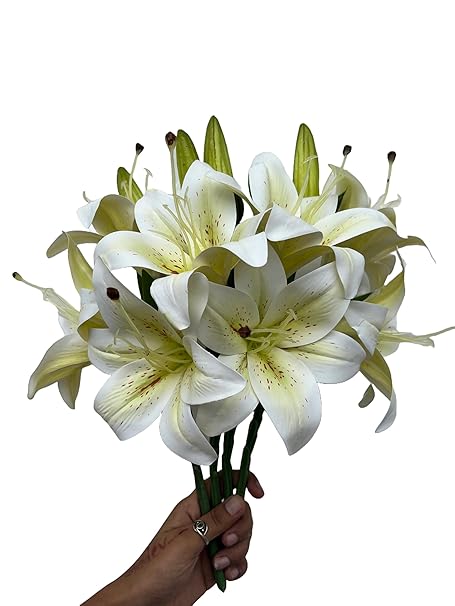 Indus Decor Lifelike Artificial Lily Flower Bunch - Perfect for Medium/Short Vase/Pot Decoration, Home/Office Decor, Gifts, Crafts - 36 cm Height, Set of 4 Stems (Vase Not Included) (White)