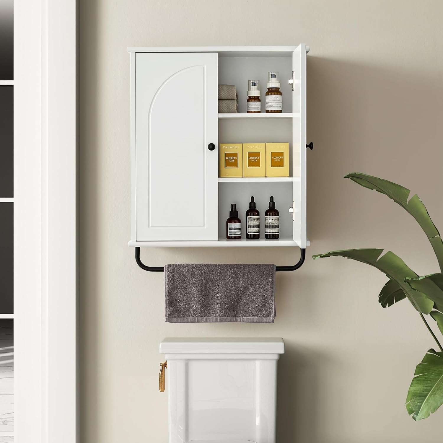 Bathroom Storage Cabinet with Adjustable Wood Shelves, Unique Arched Groove Design On The Door, Wall Mounted with Towels Bar, Over The Toilet Storage Cabinet with DTC Silent Buffering Hinge