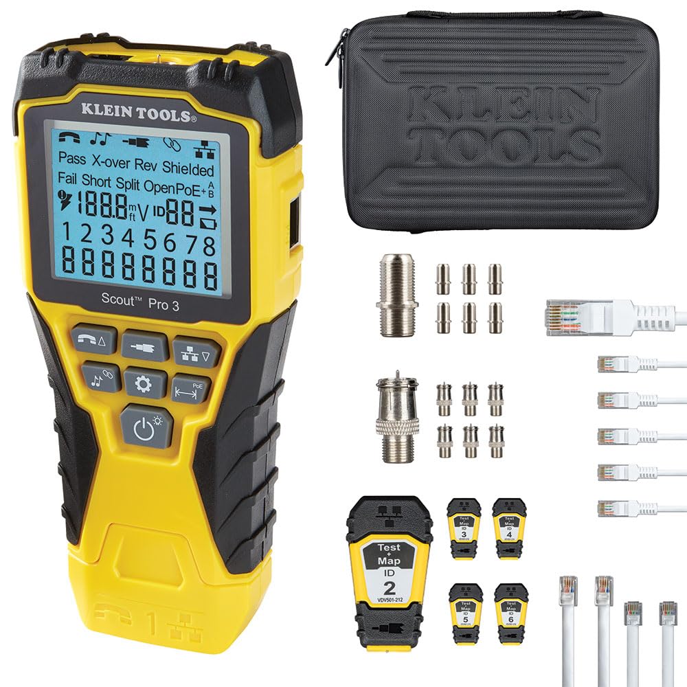 Klein Tools VDV501-853 Scout Pro 3 Cable Tester Kit | LAN Ethernet Coax Tester RJ11 RJ12 RJ45 | PoE Detection Wiremap Length Measurement | Test + Map Remote Kit
