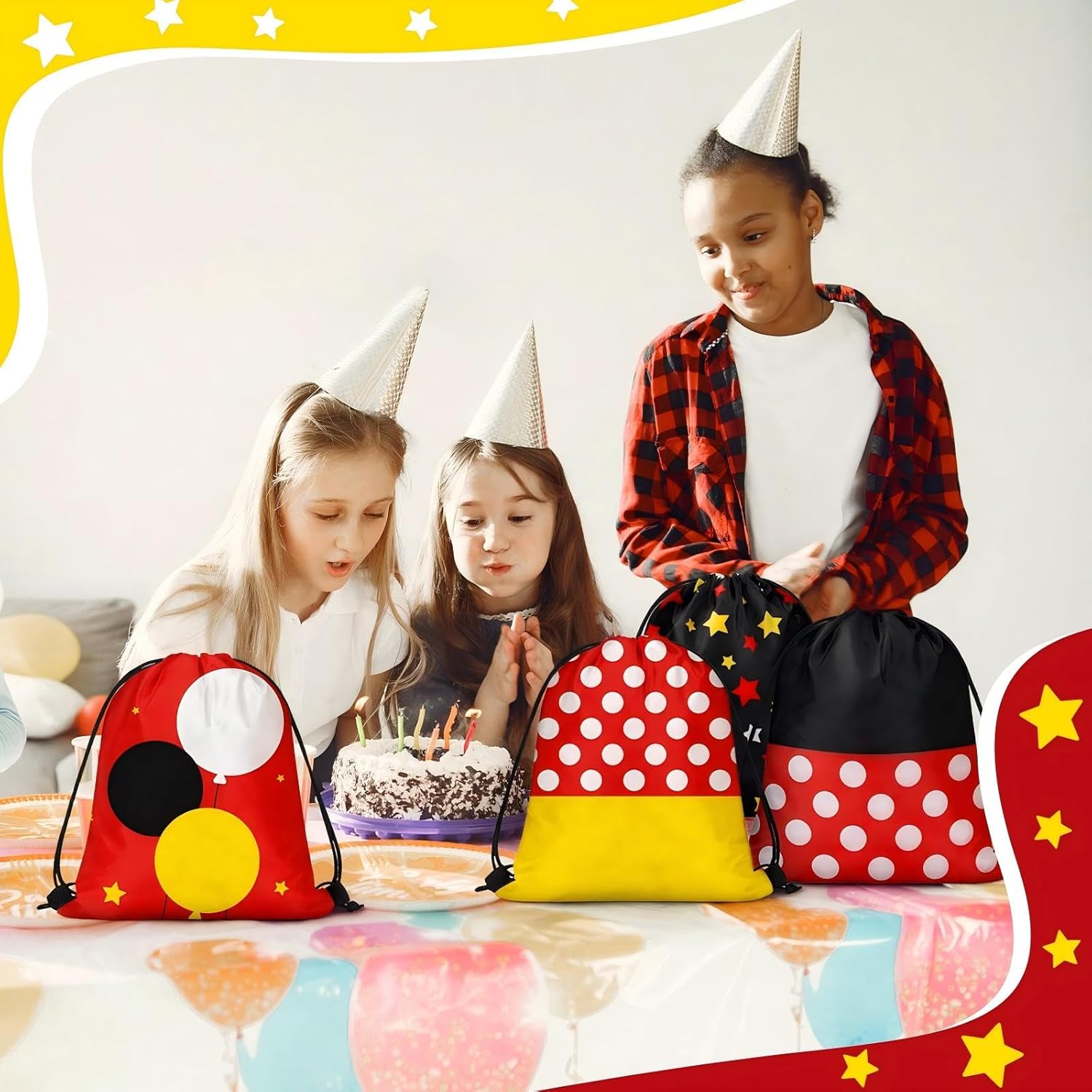 Aliceset 24 Pcs Cute Mouse Party Favor Bags 9.8'' Drawstring Gift Goodie Treat Bag Cartoon Birthday Candy Bags Present Double Sided Printed Gift Bag for Mouse Theme Birthday Baby Shower Party