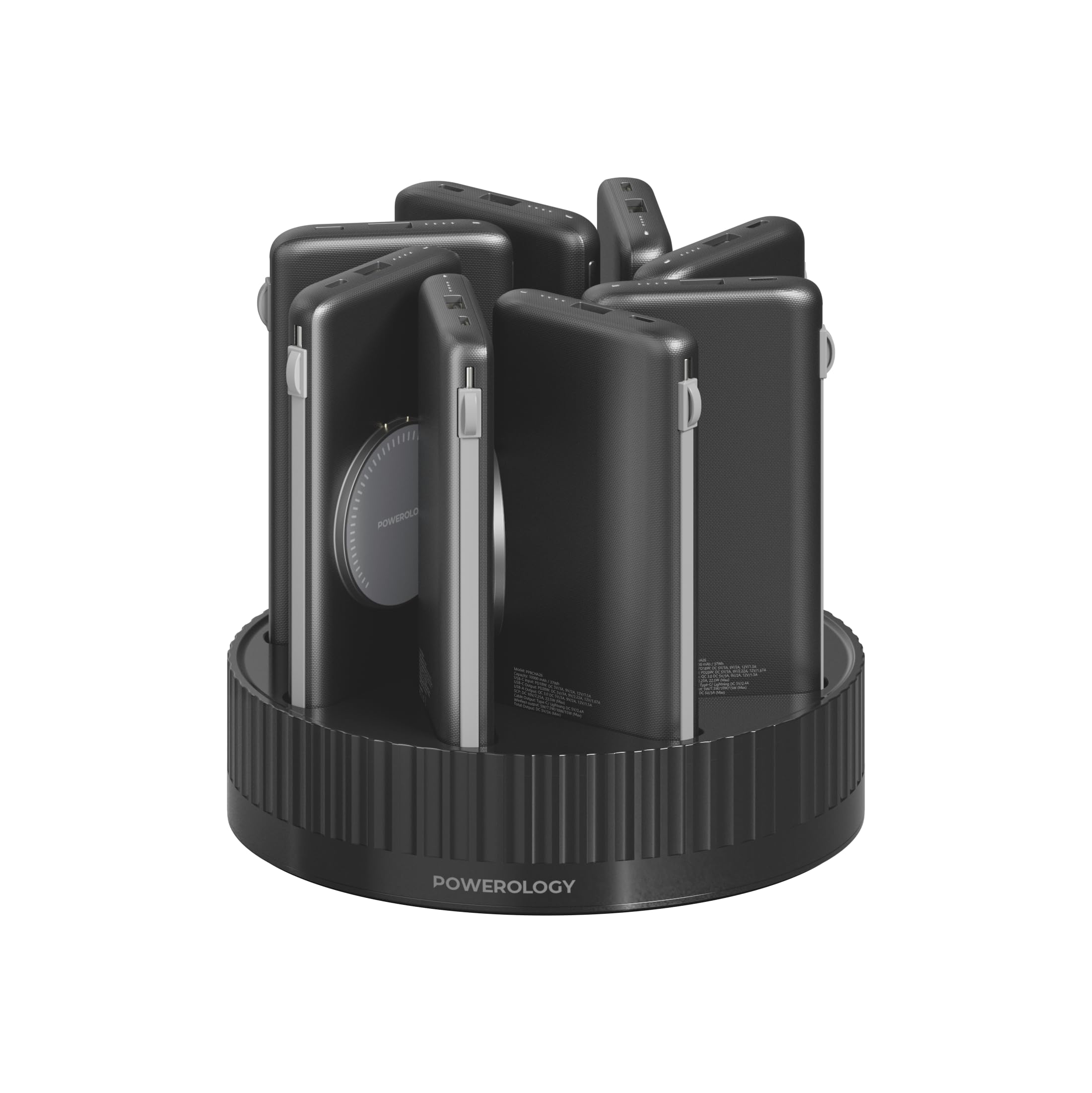 Powerology 8x10000mAh Power Bank Station, Compatible with MagSafe With Dual USB-C + Dual USB-A Output Ports, Built-In Type C & Lightning Cables, PD20W, All-in-One Rapid Recharging Station - Black