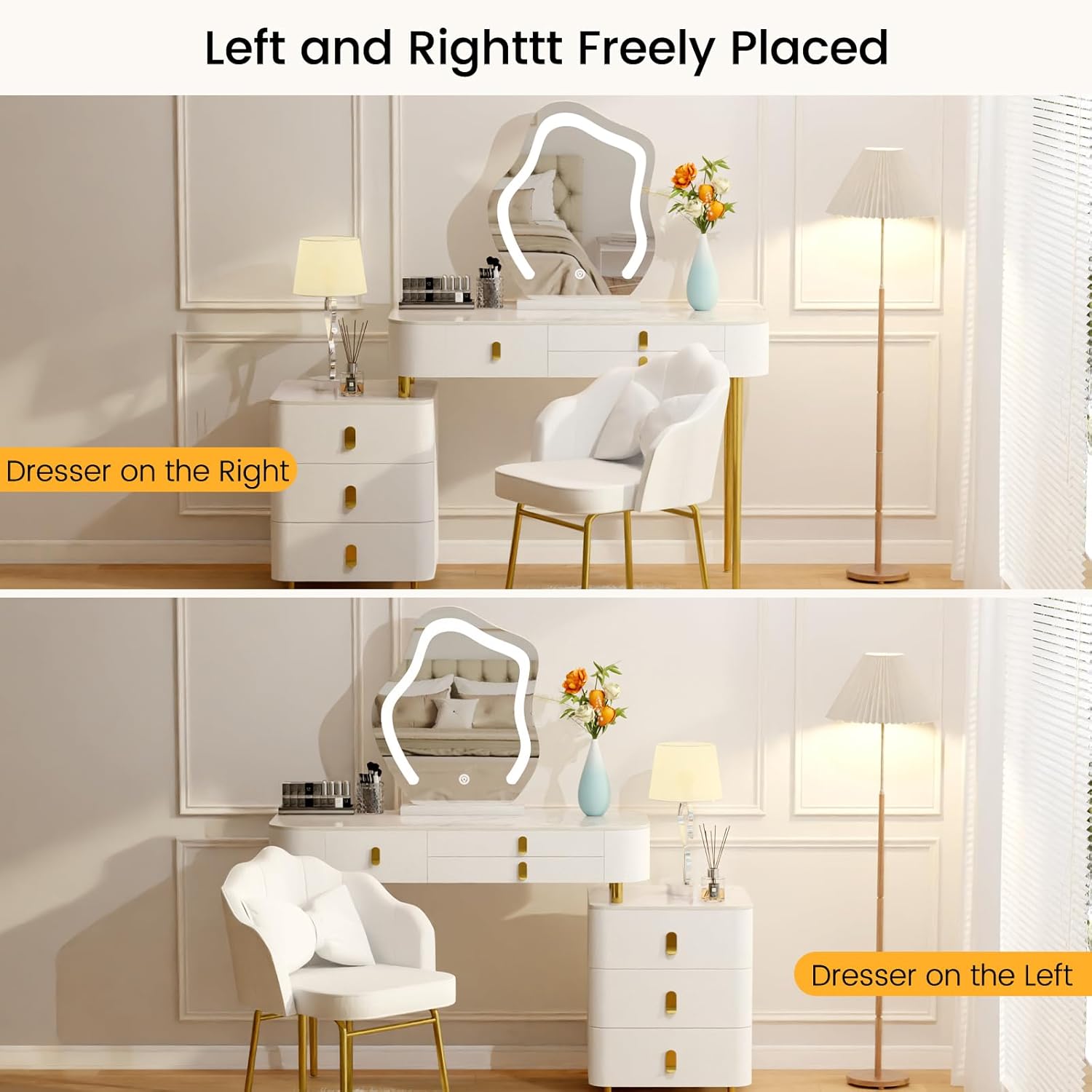 Vanity Desk with Lighted Mirror and Drawers,Makeup Vanity Table with Storage Cabinet and Storage Chair,3 Color Light Adjustable Brightness,Deal for Home Bedroom Decor (39.4“)