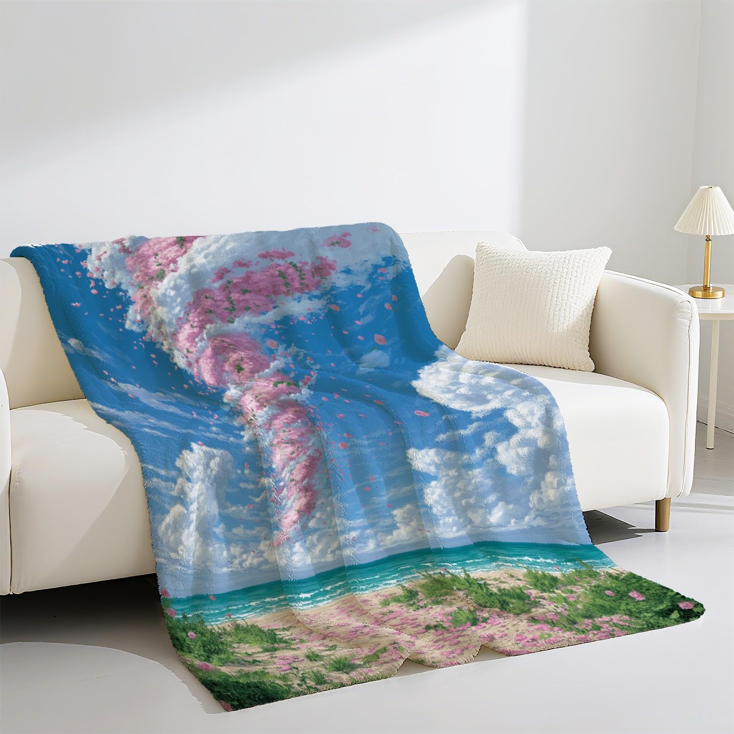 Genérico Manta de Franela Manta de Cama de Doble Cara y Extra Gruesa Frazada de Sofá Ligera y Suave al Tacto Mullida y Térmica 200 x 240 cm Romántico Paisaje Viento Rosa