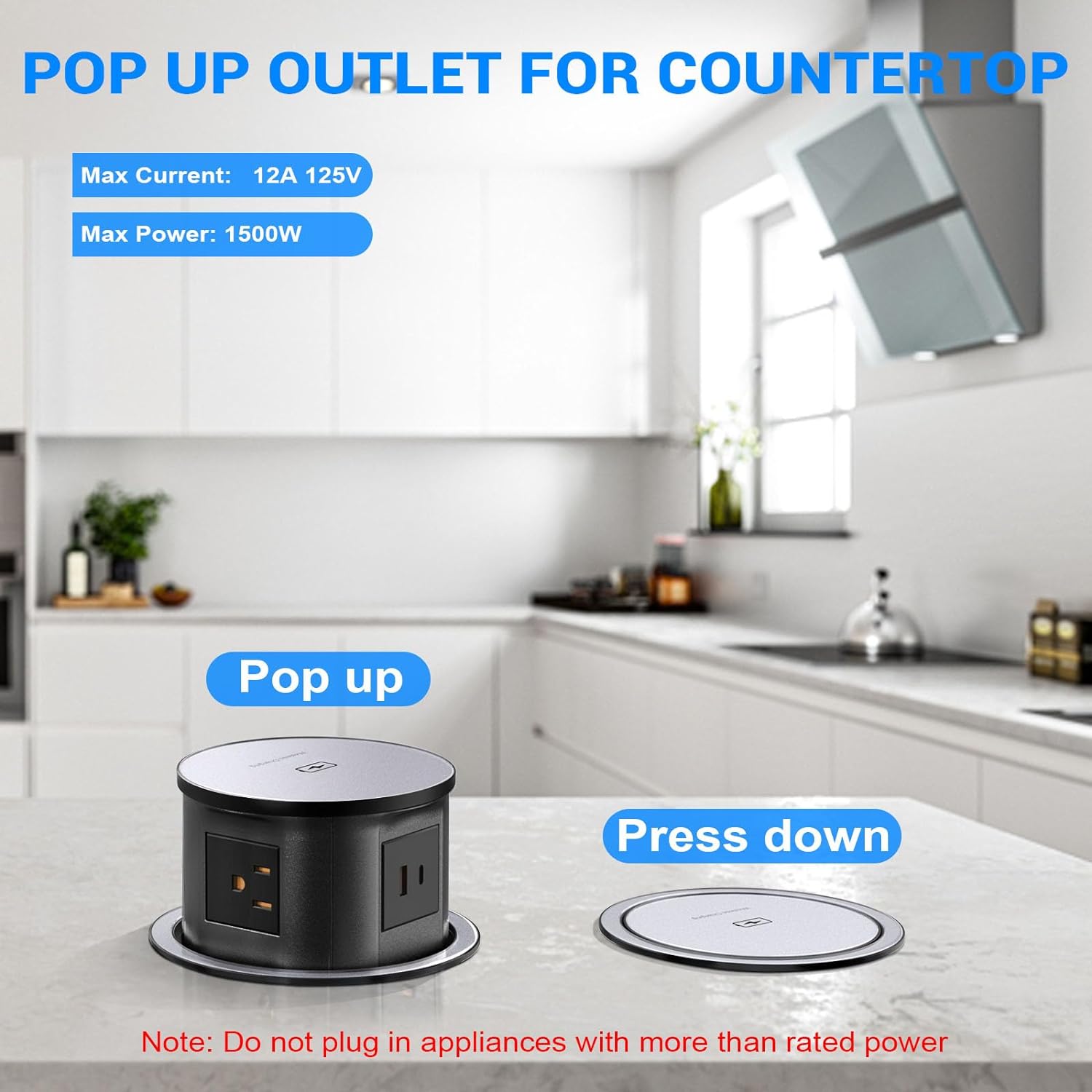 Pop Up Outlet for Countertop with 20W USB C, Recessed Power Strip 4.7inch Hidden Outlet with 15W Wireless Charger Electrical Power Socket with 4 AC Plug and 1 USB-A Port for Kitchen(Black)