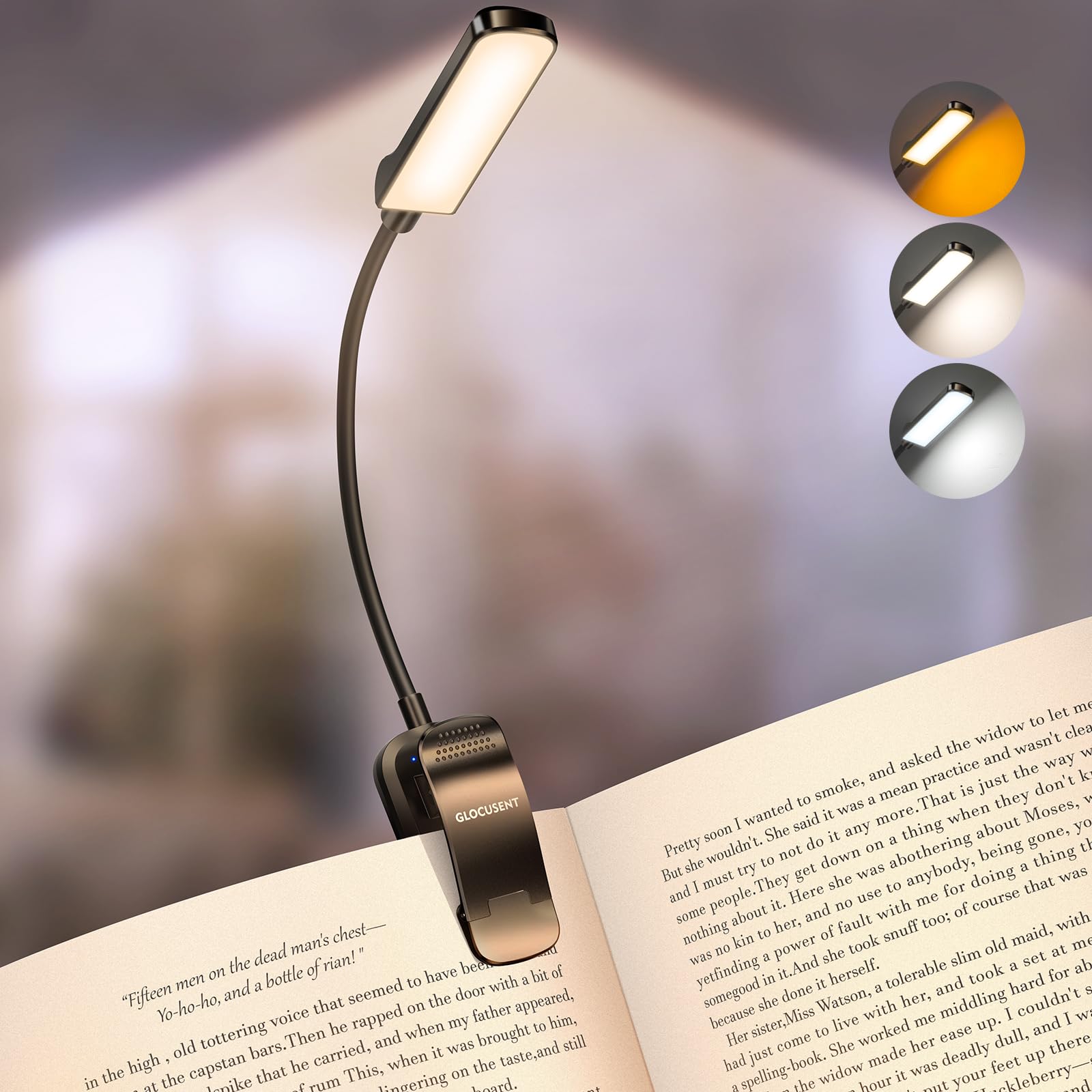 Glocusent Leselampe Buch Klemme mit 13 LEDs: Augenschonendes Leselicht, 120h Laufzeit, wiederaufladbar, 3 Farben & 5 Dimmstufen (3-60 lm), perfekte Buchlampe zum Klemmen für Bücherfreunde