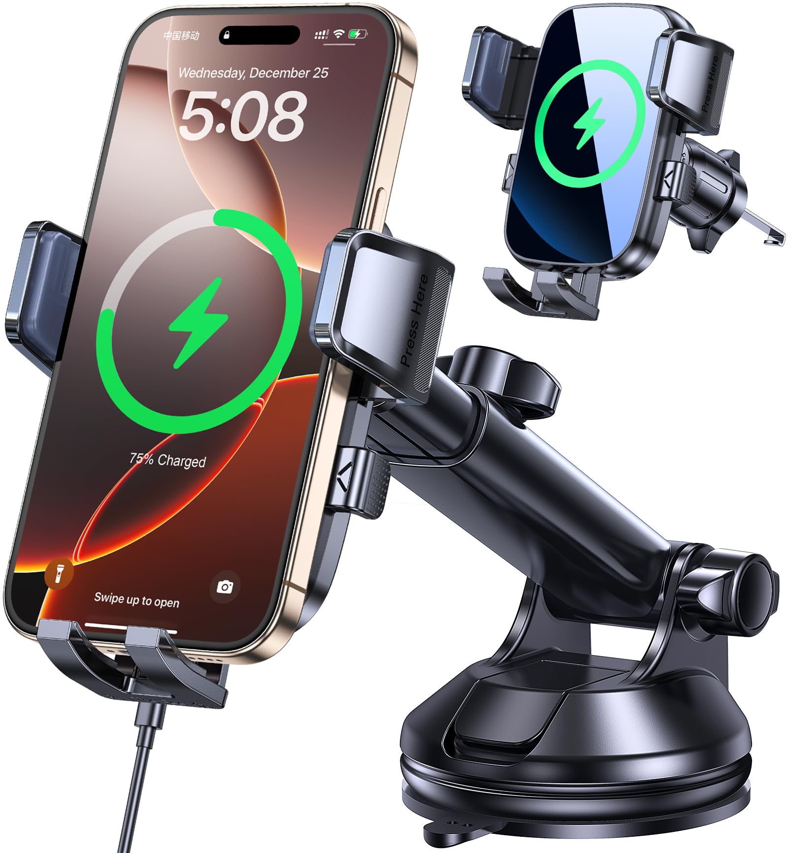 Caricatore Wireless Auto 15W Ricarica Wireless Auto Supporto Telefono Automobile Rotazione 360° per iPhone 11 12 13 14 15 16 Serie & Samsung S24 S23 S22