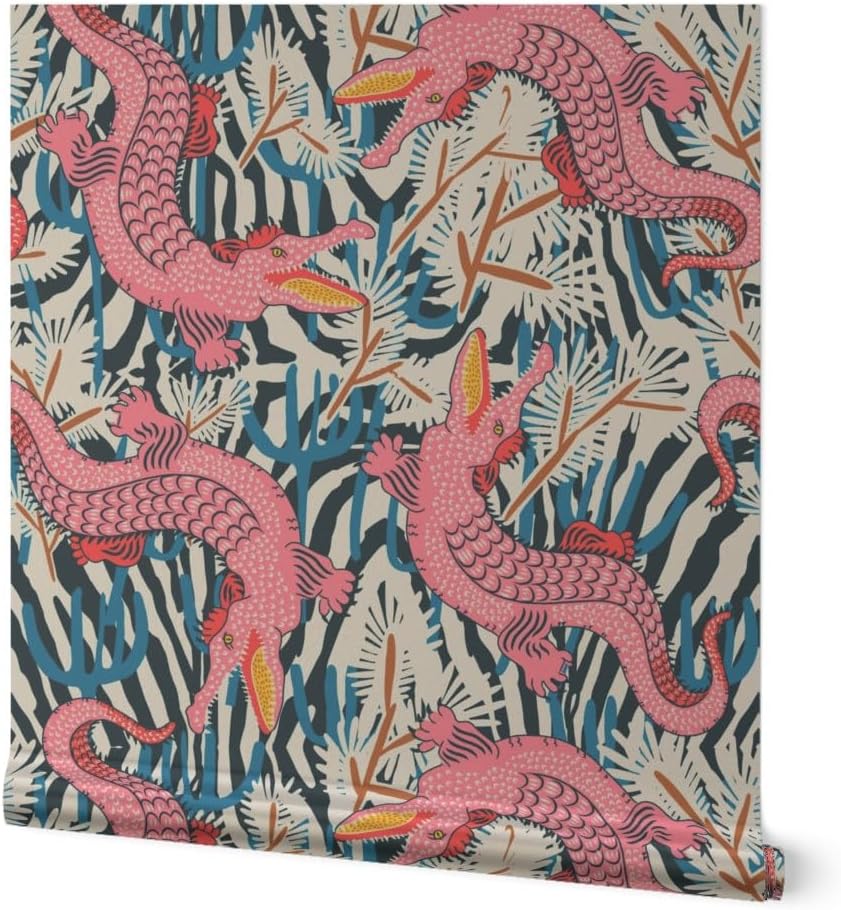 Silver Metallic Wallpaper Swatch - Pink, Bright, Animal, Alligator, Gator, maximalism, Reptile, Large Scale, Tropical, Floral, Traditional Wallpaper by Spoonflower