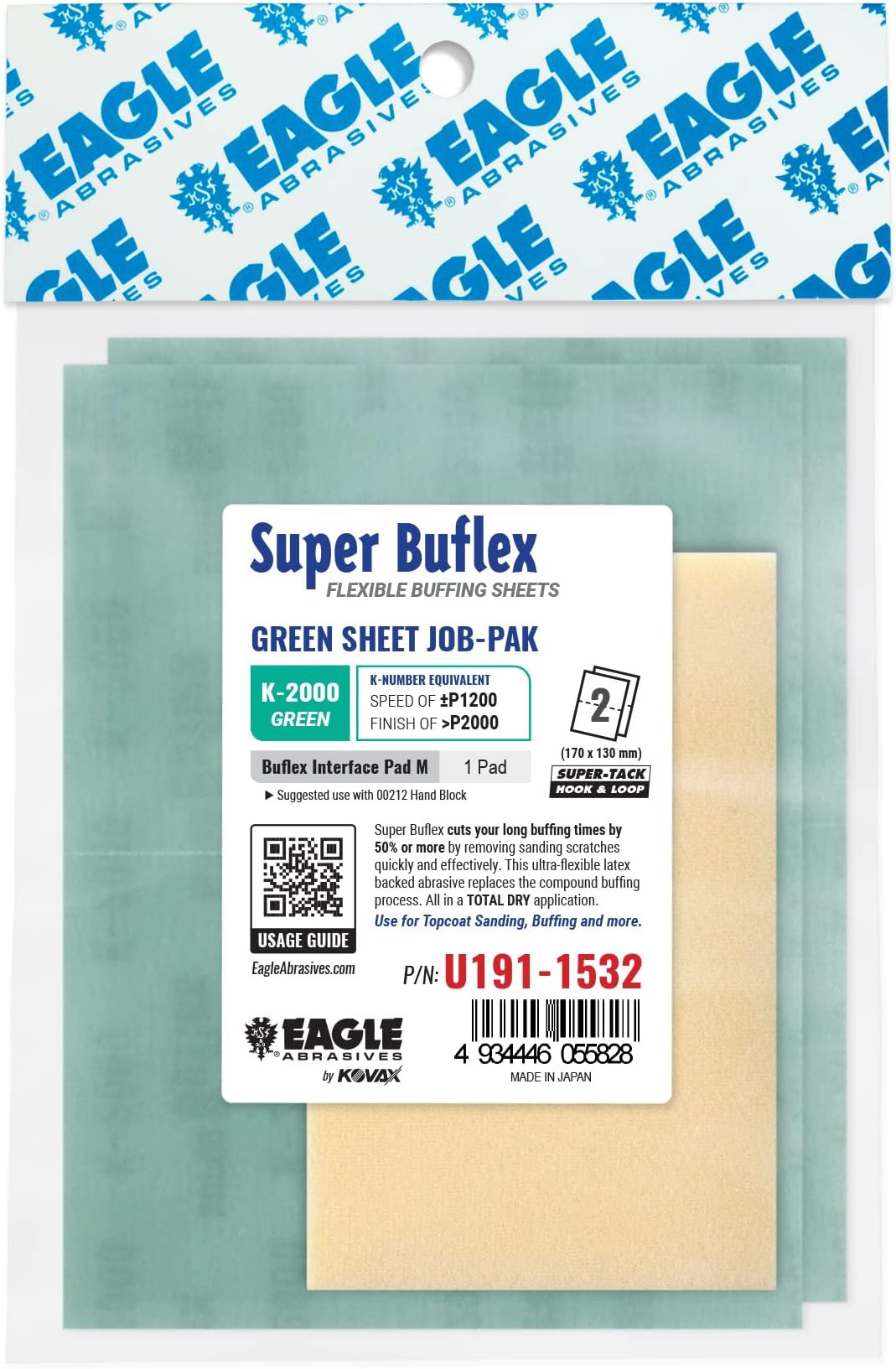 Super Buflex Flexible Dry Sanding Sheets Job-PAK, Green K-2000, U191-1532, 2 Sheets + 1 Buflex Interface Pad