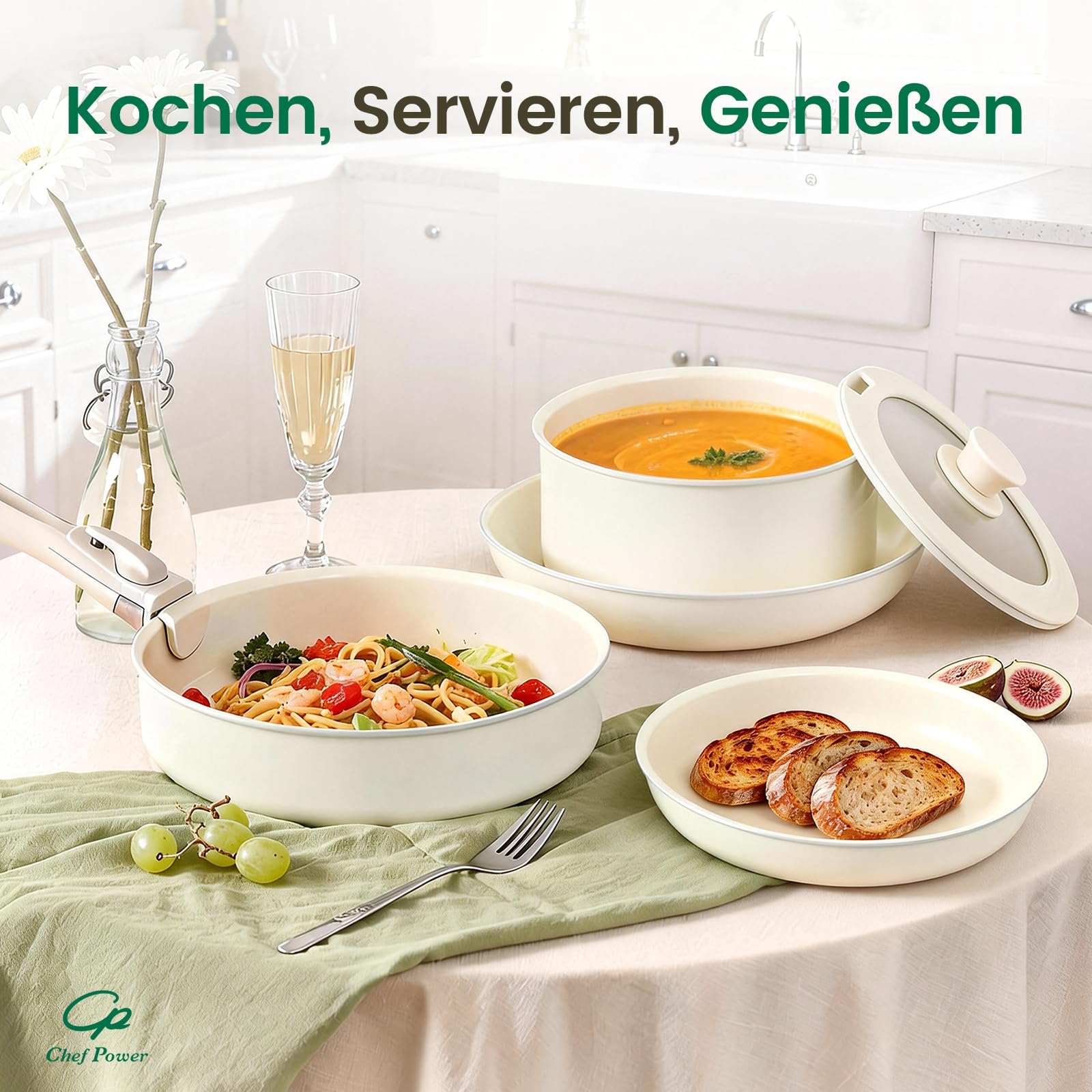 Chef Power 19-teilig Pfannenset Topfset mit abnehmbaren Griffen, Titan-Keramik-Antihaft Kochgeschirr Set, Pfanne 24/28cm, Schmorpfanne 26cm, Töpfe 16/20cm, für alle Herdarten, backofenfest, Weiß