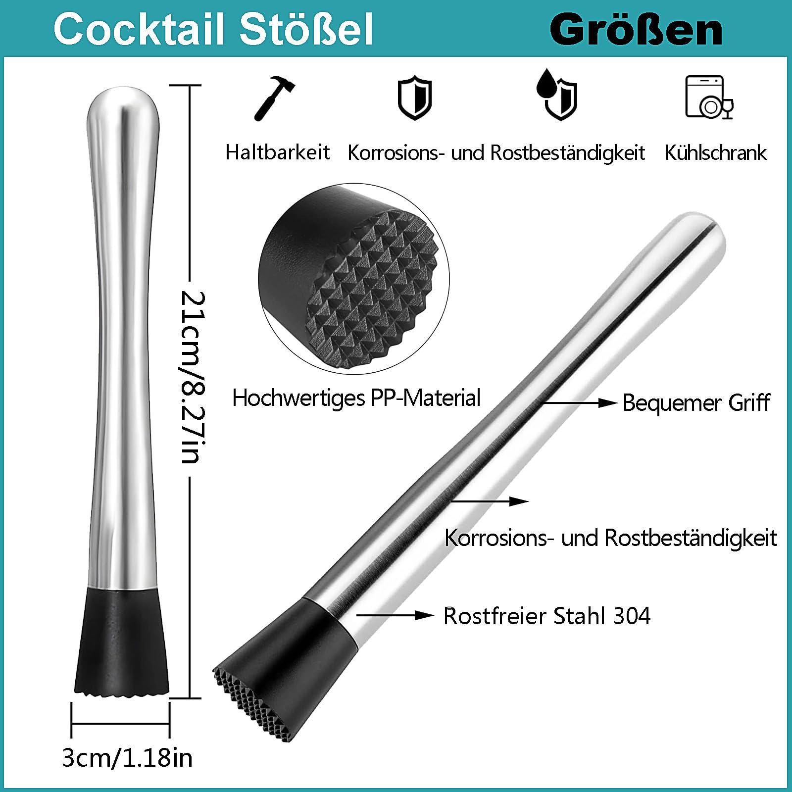 HERCHR Muddler Da Cocktail In Acciaio Inox, Limone Schiacciapatate Per Tritare Cubetti Di Ghiaccio, Professionale Pestello Per Creare Deliziosi Mojito