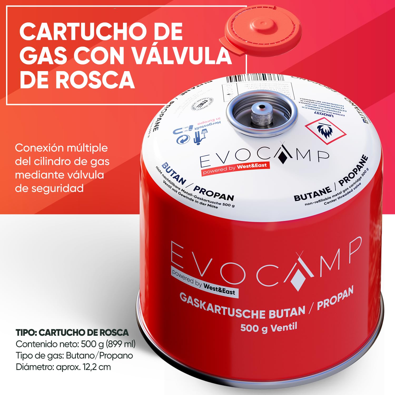 6X Cartuchos de gas Butano 500g, cartucho de rosca con gas Butano/Propano 899 ml, cartucho de gas conforme a EN 417, cartucho de válvula con cierre de rosca, cartucho de gas compatible con gas