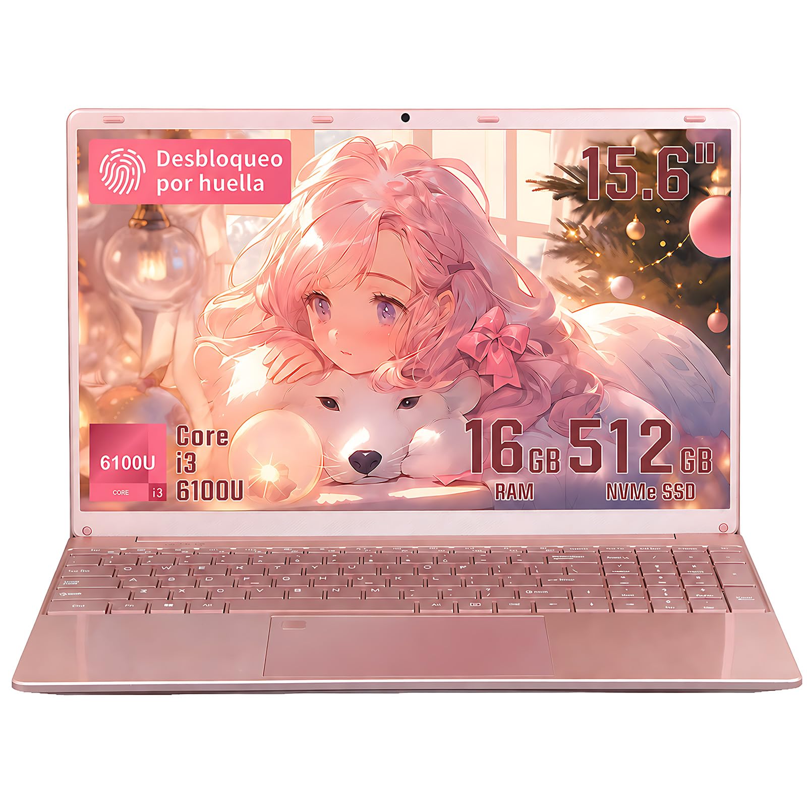 Ordenador Portátil 15,6 Pulgadas, Windows 11 Pro Laptop,16GB RAM 256GB SSD, Ampliable TF 512GB, PC Portátil Core i3-6100U, Membrana de Teclado en Español, WiFi Doble Banda, Oro Rosa