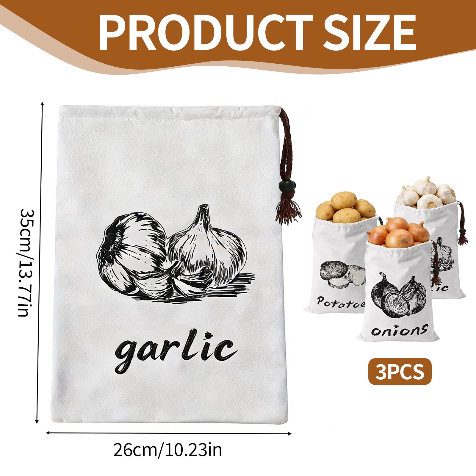 3 Stück Kartoffelsack, 26x35CM Kartoffeln Zwiebeln Knoblauch Aufbewahren Kartoffelaufbewahrung aus Canvas Aufbewahrung Küche mit Kordelzug Gemüsebeutel