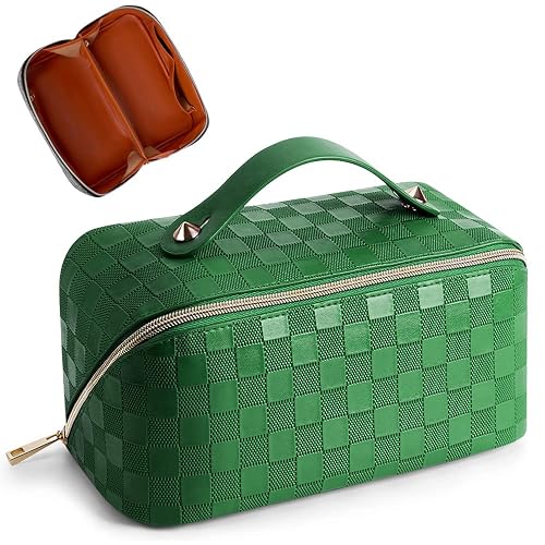 Cessfle Large Capacity Travel Cosmetic Bag Plaid Checkered Makeup Bag Portable Leather Waterproof Skincare Bag with Handle and Divider for Women 01-Green