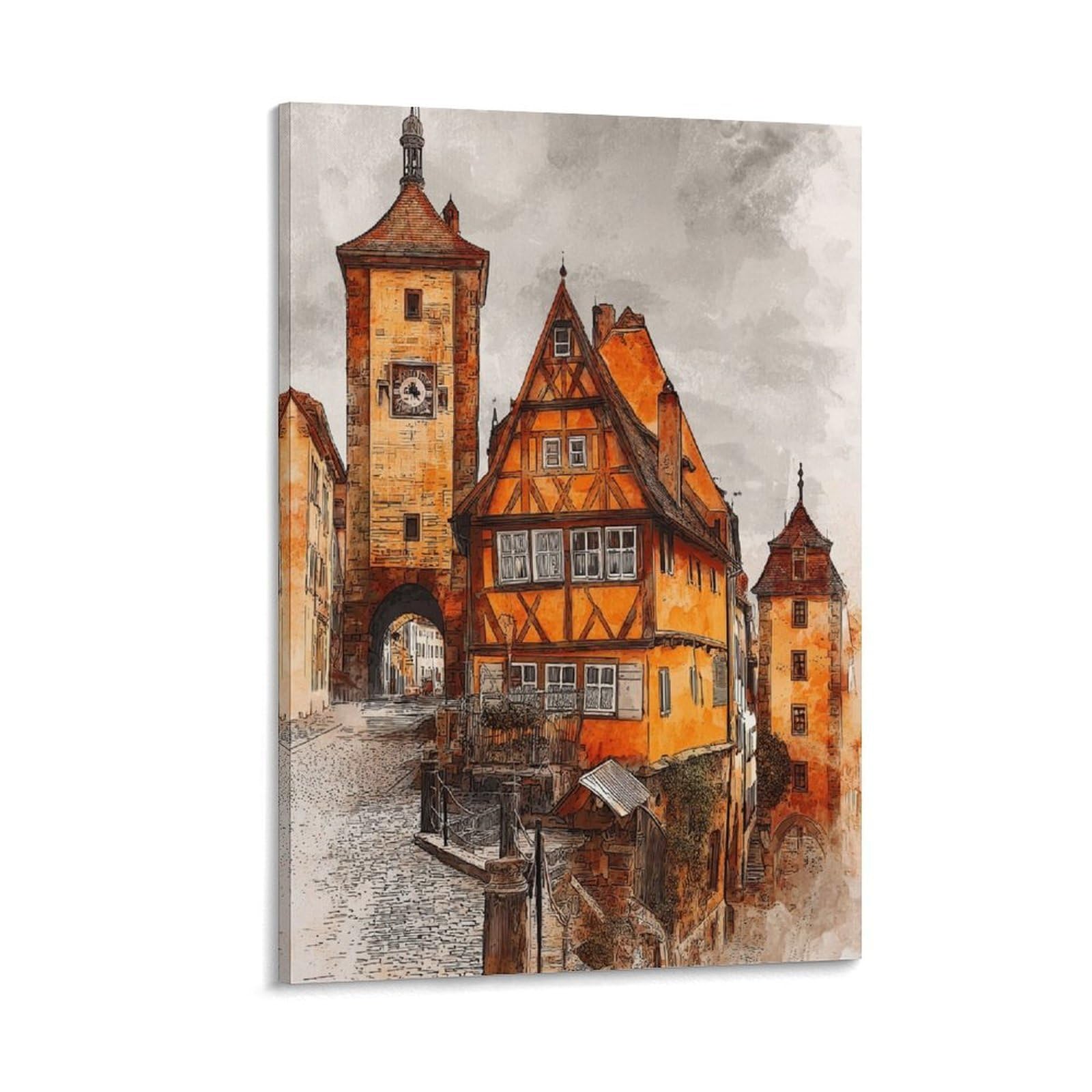 Cnaheiz Frame-Style Rottenburg Germany 24X36inch(60X90cm) Vintage Travel Poster Watercolor Canvas Art