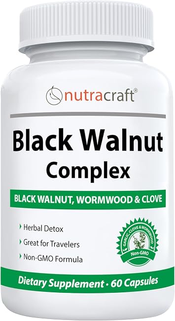 مكمل Nutracraft Black Walnut Detox Cleanse | الجوز الأسود، الشيح، القرنفل، PAU DArco، بذور اليقطين، الثوم، الزنك | واقي الأمعاء للبشر | 60 كبسولة