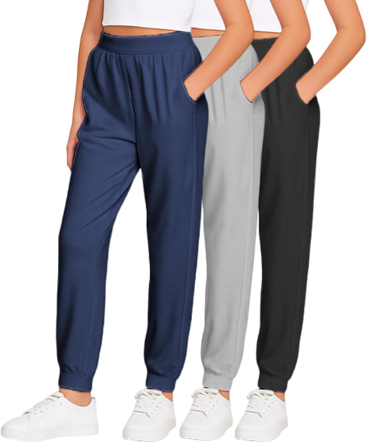 Sweet Hearts Girls Sweatpants - 3 Pack High Waisted Performance Jogger Girls Pants with Pockets: Made in USA (Sizes 5-18)