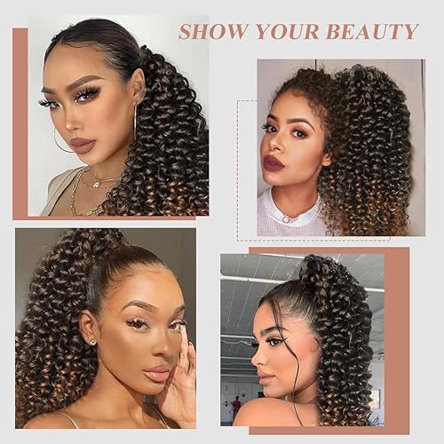 Miniatura 6 de Halcyon Extensión de cola de caballo rizada para mujeres negras, extensiones de cabello rizado con cordón, mezcla de color marrón