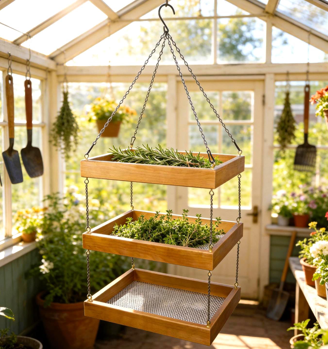 3-Tier Hanging Herb Drying Rack | 15.7"x11.8" Wooden & Mesh Dryer for Herbs, Flowers | Space-Saving Vertical Storage Solution for Kitchen, Grow Tent, and Balcony - Perfect for Home Gardeners